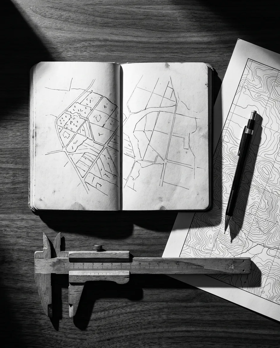 Caderno de campo florestal com talhões desenhados à mão, paquímetro e carta topográfica